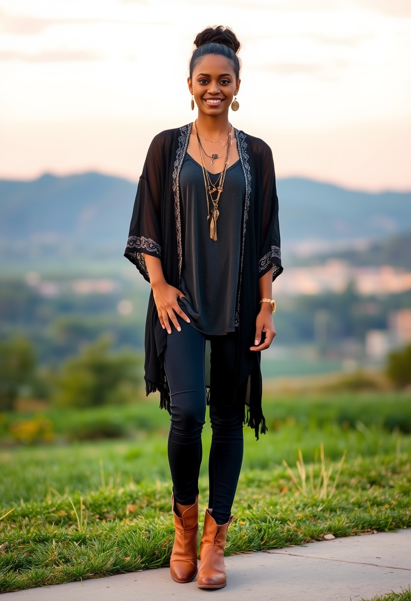Incorporate statement pieces into your all-black wardrobe, focusing on 20 unique items that serve as conversation starters and enhance your overall boho vibe