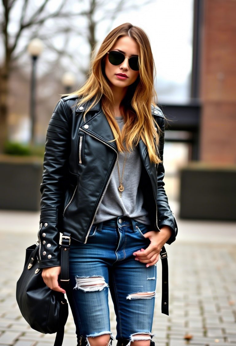One of the most iconic edgy fashion looks is a leather jacket paired with ripped jeans. This combination exudes a rebellious and cool vibe. To make this outfit even edgier, opt for a studded or embellished leather jacket and distressed jeans. Complete the look with a pair of combat boots or chunky black boots.