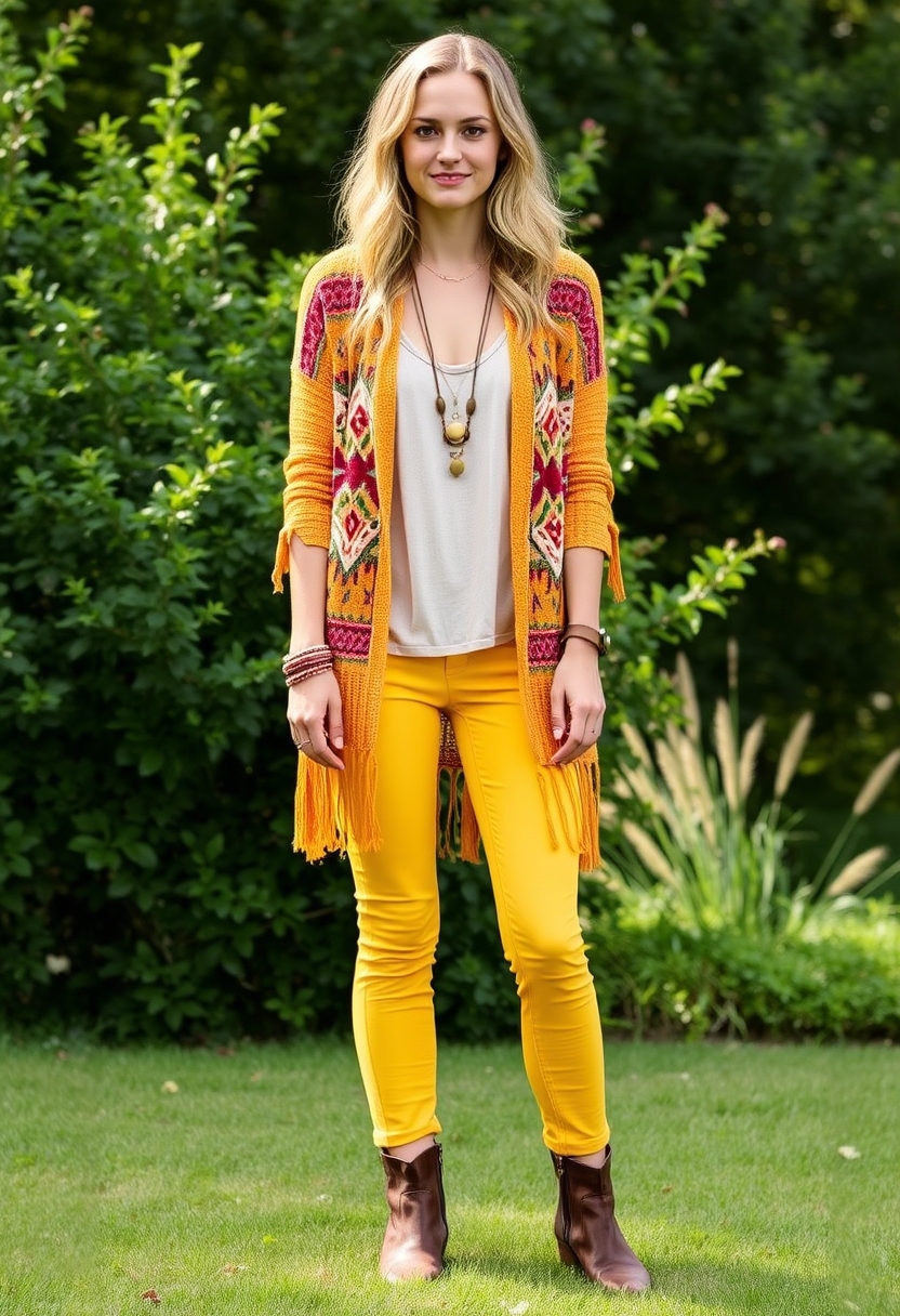 Transform your look completely with 18 different takes on yellow pants, showcasing an array of bohemian-inspired styles